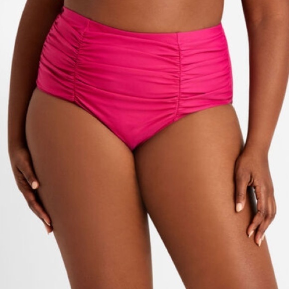NWT Raisins Curve Costa Plus High Waisted Shirred Bikini Bottoms Pink - Picture 1 of 5